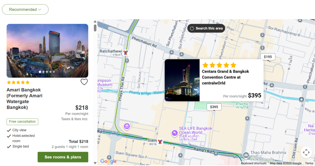 Screenshot of hotel search results on Google Maps showing Amari Bangkok and Centara Grand & Bangkok Convention Centre at centralwOrld with prices.