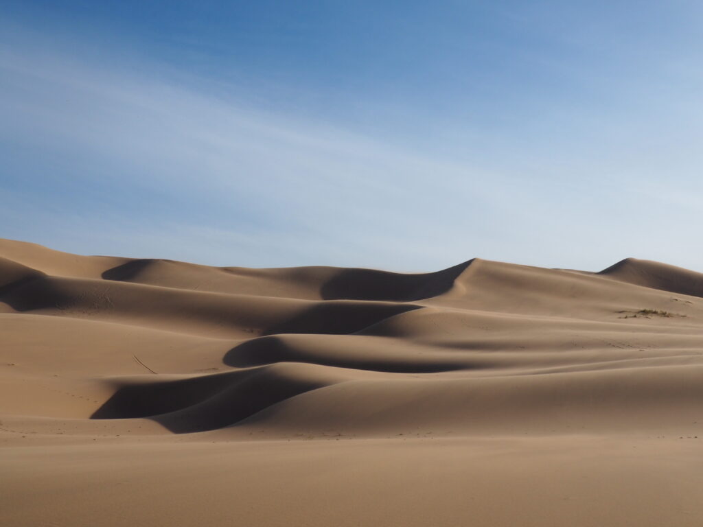 Vast, rippling sand dunes of the Gobi Desert in Mongolia under a clear, pale blue sky, showing delicate wind patterns on the sand's surface at Khongoryn Els.