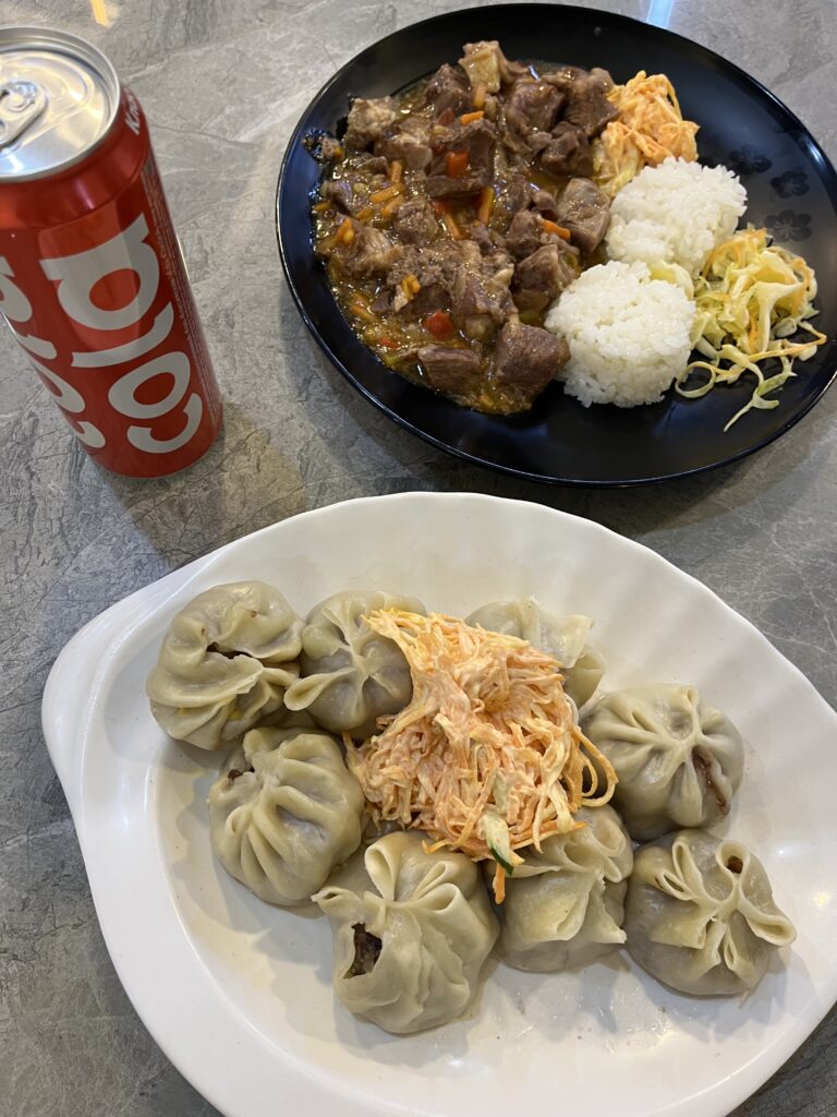 A table setting featuring a plate of steamed Buuz (Mongolian dumplings) topped with carrot salad, and a secondary plate of meat stew with white rice.